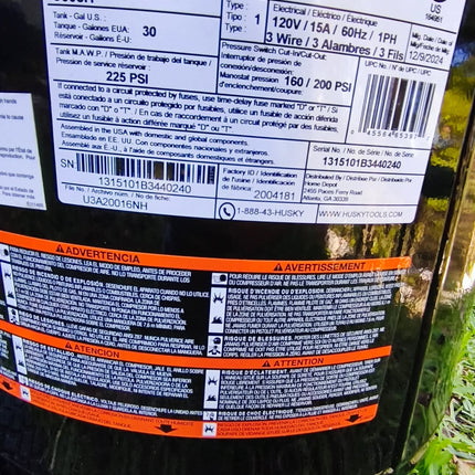 HUSKY Compresor de 30 Galones, 200PSI,  libre de aceite C305H