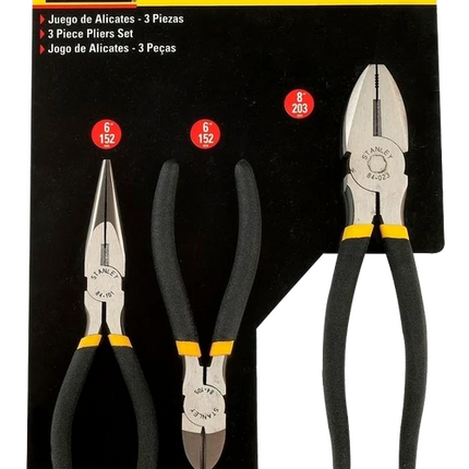 STANLEY UEGO DE 3 ALICATES P/ELECTRICISTA, ALICATE DE 8 PULG, PUNTA LARGA DE 6 PULG, CORTE DIAGONAL DE 6 PULG 90-162