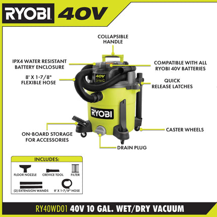 RYOBI Aspiradora inalámbrica Mojado/Seco de 10 Galones 40V (SIN CAJA) RY40WD01