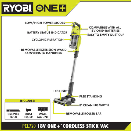 RYOBI Aspiradora inalámbrica portatil para piso y techo ONE+ 18V PCL720K