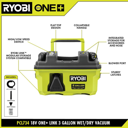 RYOBI Aspiradora Inalámbrica Mojado/Seco de 3 Galones ONE+ 18V