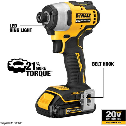 DEWALT ATORNILLADOR DE IMPACTO INALAMBRICO ATOMIC,1/4 PULG, 20 VOLTIOS,BRUSHLESS, GRATIS BATERIA DE 1.5aH DCF809B