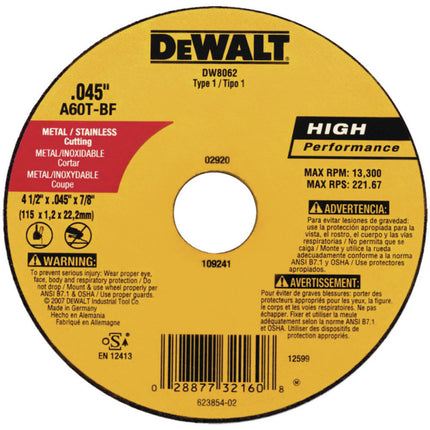 DISCO ABRASIVO, PLANO, 4-1/2 X 0.045 X 7/8 PULG, ACERO INOXIDABLE DW8062