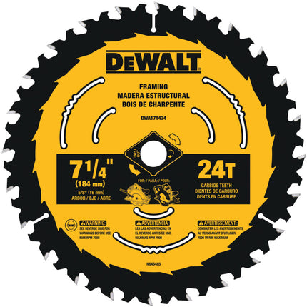 DEWALT  Disco de carburo para madera estructural de 7-1/4, 24 dientes, eje 5/8 DWA171424