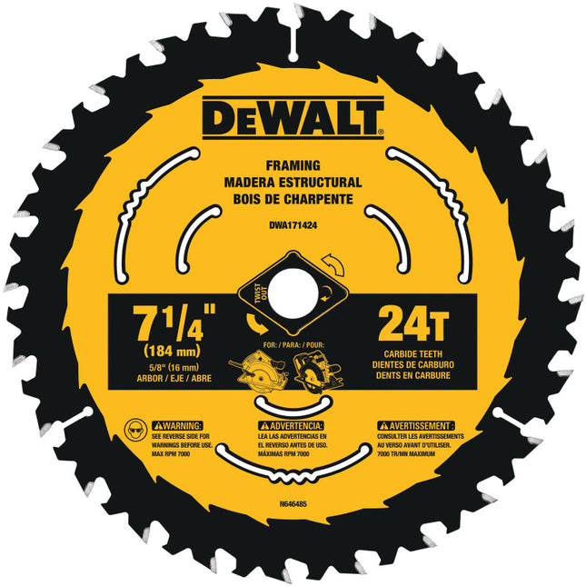 DEWALT  Disco de carburo para madera estructural de 7-1/4, 24 dientes, eje 5/8 DWA171424